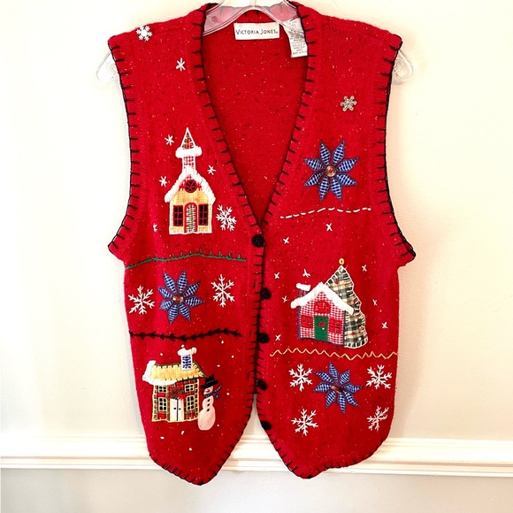 Vintage Victoria Jones Winter Christmas Red Vest Sweater SZ L Womens Snowflakes - Picture 1 of 15
